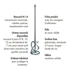 Pale De Malaxage à Hélice Pour Mortier Ø 120mm Raccord M14 Diam Industries - Longueur 600mm